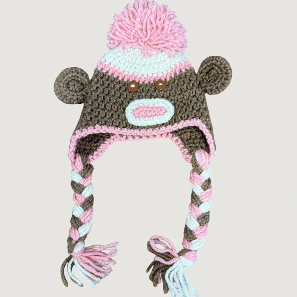 Chelsea T's Crochets Kids Sock‎ Monkey Beanie Pink Brown Crochet Earflap Hat Pom